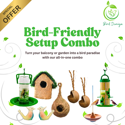 Bird-friendly setup combo with various bird-related products, birdfeeder, nest , whistles, coir nest, coconut shell feeder